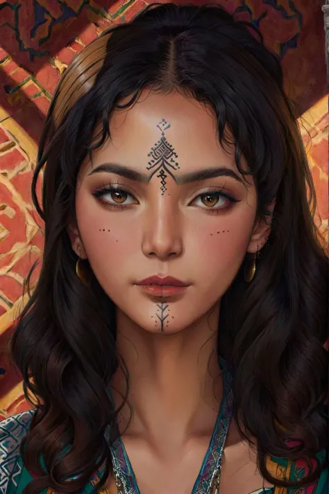 1girl, (traditional chin tattoo, Ushamxl:1.2), <lora:UshamXL:1.2>, black hair, brown eyes, colored skin, curly hair, eyeshadow, lips, lipstick, looking at viewer, makeup, moroccan pattern background,