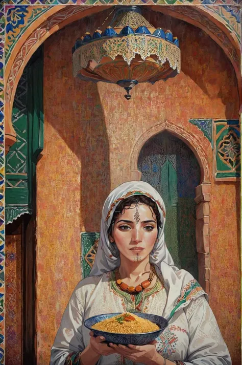 jeune fille , Grande stature, gros seins, mouth closed, sourire, Aspect arab: Yeux verts; Porter le hijab; traits du visage pointus; fossette sur le menton; gros nez; gros nez; Pommettes hautes; Front haut, Se tenir droit, nice robe, Hijab long, couleur bleue, Combinaison blanche, avec des ornements en or, , au milieu de la rue, background: Persian building, 20th century, high quality shadows, High quality light, High quality clothing, Image quality of the masterpiece, Maximum details, masterpiece quality.