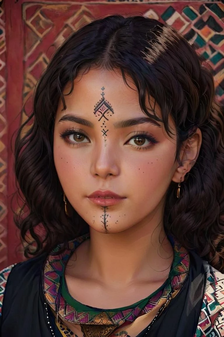 1girl, (traditional chin tattoo, Ushamxl:1.2), <lora:UshamXL:1.2>, black hair, brown eyes, colored skin, curly hair, eyeshadow, lips, lipstick, looking at viewer, makeup, moroccan pattern background,