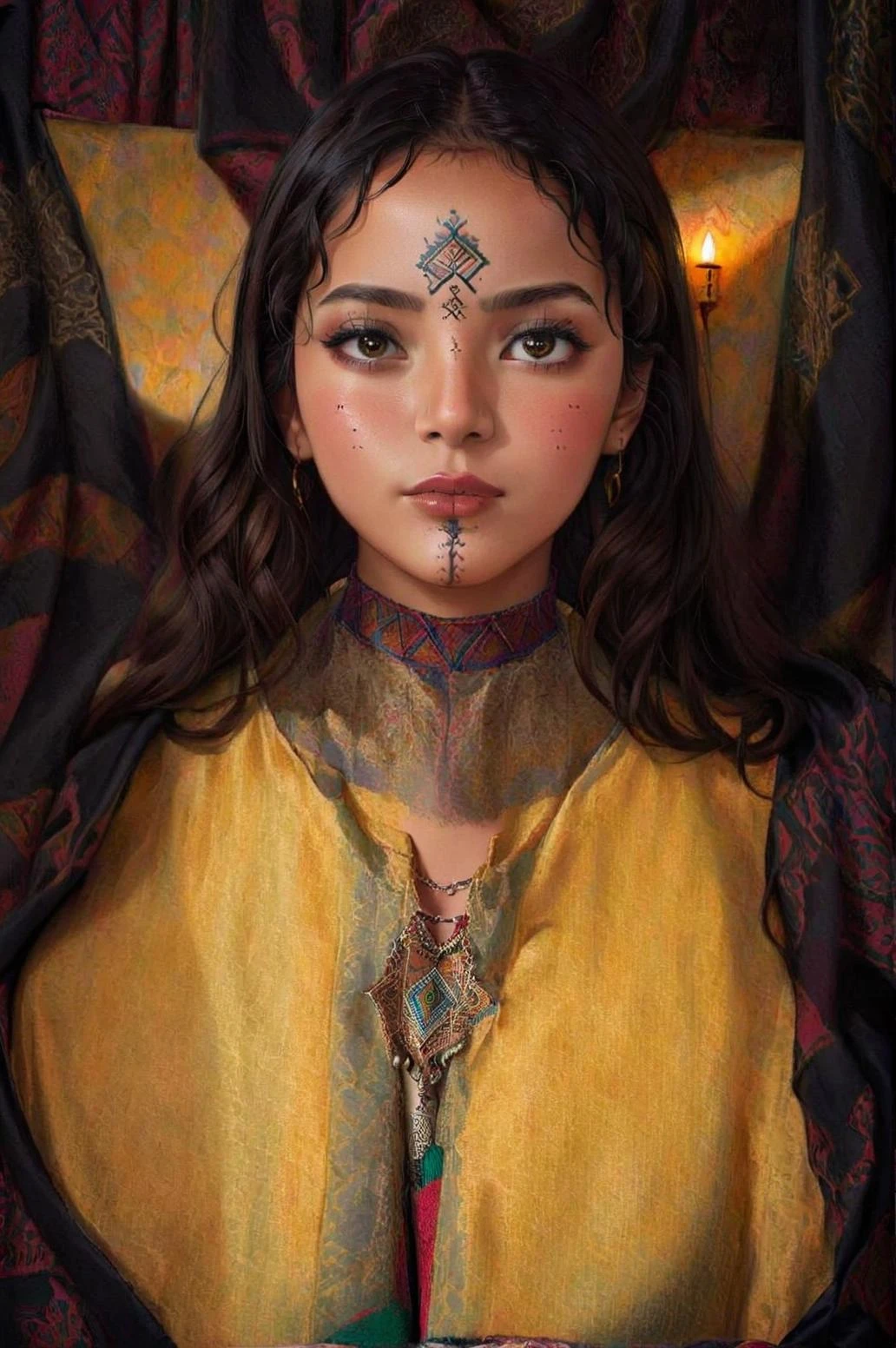 1girl, (traditional chin tattoo, Ushamxl:1.2), <lora:UshamXL:1.2>, black hair, brown eyes, colored skin, curly hair, eyeshadow, lips, lipstick, looking at viewer, makeup, moroccan pattern background,