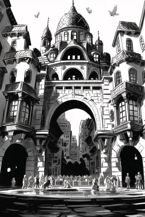 , <lora:inkSketch_V2:0.8> inksketch, a grand capital city nestled in the heart of a magical realm inspired by Dungeons and Dragons. The city stands as a testament to both architectural splendor and mystical enchantments. The streets are bustling with life, filled with a diverse array of creatures, both human and fantastical, going about their daily routines. The buildings showcase a harmonious blend of traditional medieval design and whimsical magical enhancements. Ornate bridges span over flowing rivers and canals, connecting various districts of the city. Gardens and parks are interspersed throughout, teeming with vibrant, otherworldly flora and fauna. In the central square, a magnificent fountain serves as a gathering place, its waters sparkling with magical energies.