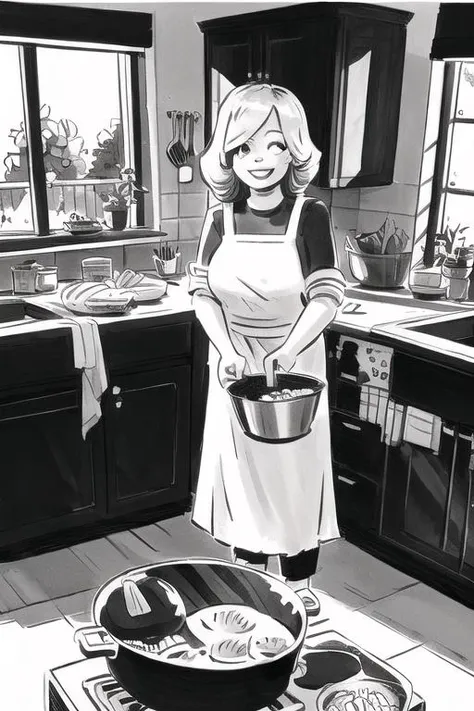 , <lora:inkSketch_V2:0.8> inksketch, A highly detailed mother in her kitchen preparing meal, window sunny day, happy, smiling,