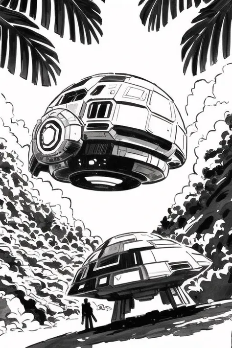, <lora:inkSketch_V2:0.8> inksketch, huge square spaceship landing on top of (paradise island:1.3),sunny day, space opera,