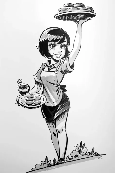 inksketch,(masterpiece:1.5), (best quality:1.5),ink sketch,female focus, pixie cut, 1969s, beautiful,young, gradient background, waitress, gradient, solo, black hair, short sleeves, arm up, holding serving plate, black background, light smile, grey background, simple background, perfect skin, standing