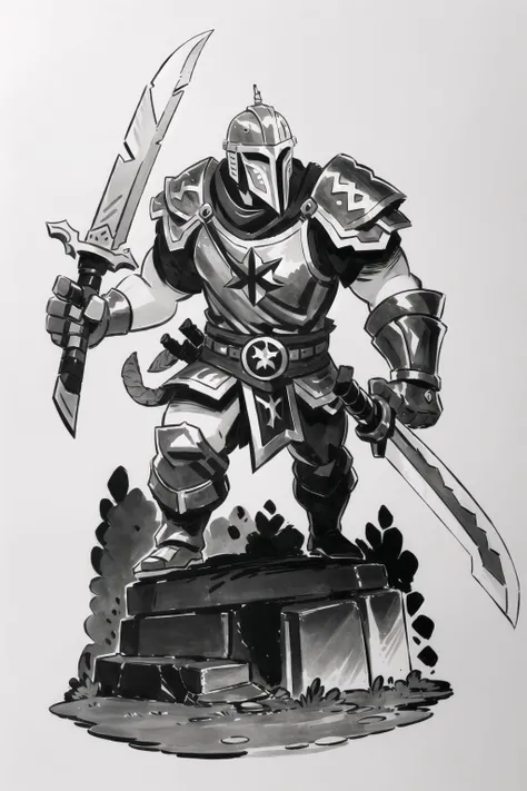 (masterpiece), best quality, inksketch, ink sketch, drawn art, muted colors, 1boy, templar knight, shoulder armor, armor, loincloth, helmet, holding (gigantic sword), grey background, full body shot
<lora:comicSketchStyle:1>