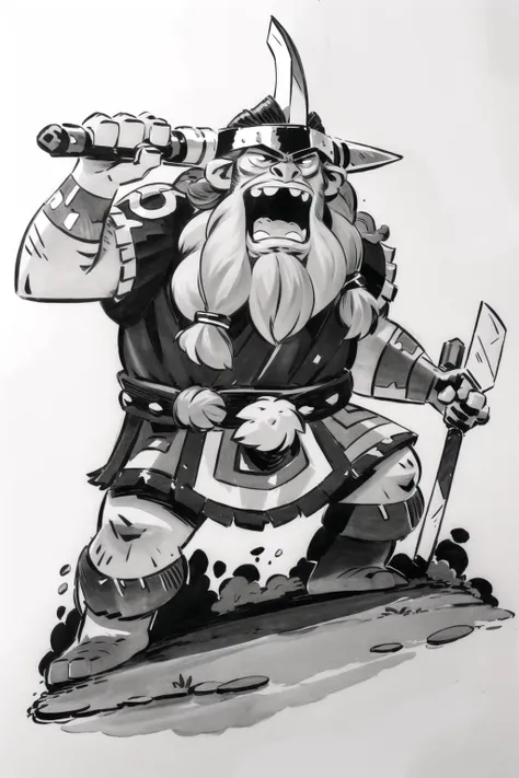 (masterpiece), best quality, inksketch, ink sketch, drawn art, muted colors, 1boy, detailed face, viking, braided beard, viking helmet, long hair, holding sword, yelling, angry, white background, full body shot
<lora:comicSketchStyle:1>