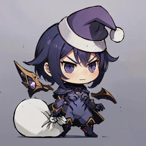 <lora:kaisa-000034:0.8> kai'sa, void wings,(purple tight suit:1.4),(closed mouth:1.4),(serious expression:1.2),<lora:padoru_meme:0.8> padoru meme, holding sack,chibi,:d,santa hat