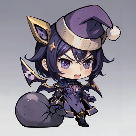 <lora:kaisa-000034:0.8> kai'sa, void wings,(purple tight suit:1.4),(closed mouth:1.4),(serious expression:1.2),<lora:padoru_meme:0.8> padoru meme, holding sack,chibi,:d,santa hat