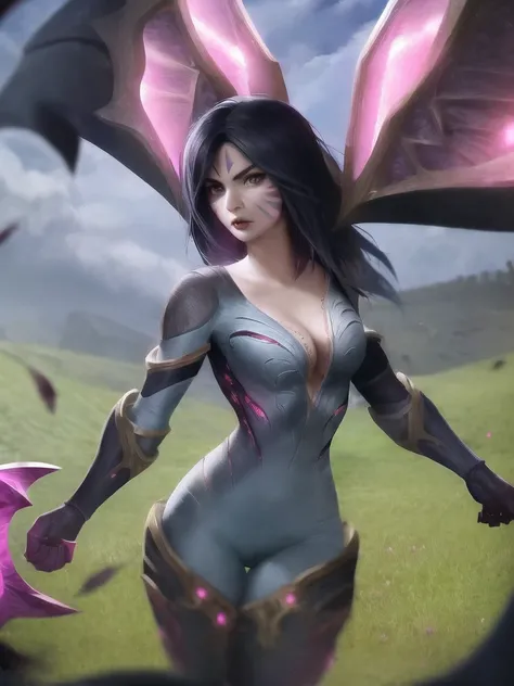grass, sky, field, kai'sa, league of legends, 1girl, looking at viewer, breasts, solo, medium breasts, long hair, facial mark, bodysuit, skintight, cleavage, black hair, cowboy shot, collarbone, parted lips, void wings, weapon <lora:kaisa-000034:1>