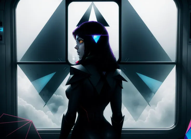 three cornered window, back of head shot of (woman looking out of triangle window:1.1), 3rd person, Looking out the triangular window of a (train:1.1) with triangular windows, triangular windows and triangular, wheels, in a fantasy world,
psychedelic, geometric, vivid light, high contrast, triadic colors, dark shadows, explosions, nuclear mushroom cloud, nuclear explosion, dystopian nightmare,
(beautiful composition),
21 yo woman,