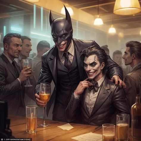 ((masterpiece:1.3,concept art,highest quality,detailed)),masked batman and joker and penquin drinking in pub together, big grin, triumph, smug smirk, (surrounded by men, night club interior:1.3), cinematic lighting, blue back light, award winning illustration, <lora:add_detail:1>