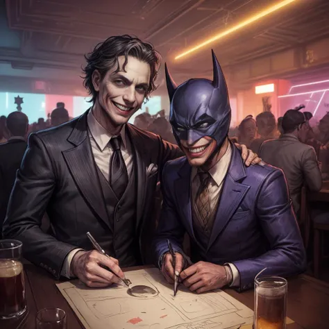 ((masterpiece:1.3,concept art,highest quality,detailed)),masked batman and joker and penquin drinking in pub together, big grin, triumph, smug smirk, (surrounded by men, night club interior:1.3), cinematic lighting, blue back light, award winning illustration,(pensil sketch), <lora:add_detail:1>