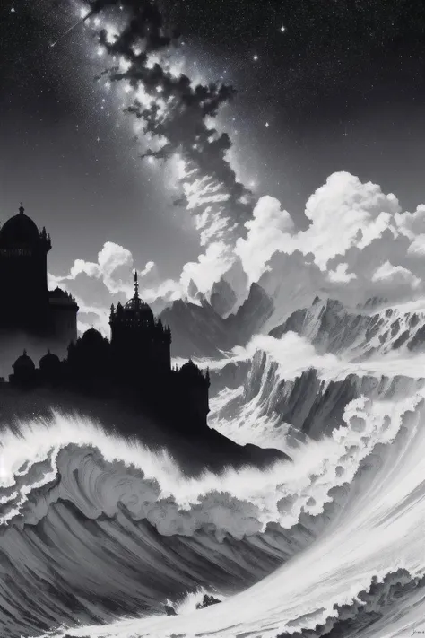 stylized by Johannes Vermeer, baroque art, epic, (leopard print theme:0.7) , landscape of a Wavy [Interlaken:Lisbon:3] and Galaxy, Stars in the sky, Monochrome, most beautiful artwork in the world