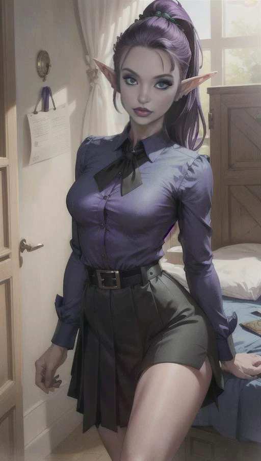 Asian-Less, Asian-Less-Toon,
eyelashes, face, lips, looking at viewer, nose, teeth, realistic, solo,
(dorm room, college), (blue shirt:1.3), (black skirt:1.3),
(school uniform, blue shirt, blue blouse, black skirt, milf), (collared shirt:1.3),
(elf, (elf ears:1), thin body, thin neck, (thin body:1), skinny, waif) (small breasts:1)(flat chest:1), Asian-Less, Asian-Less-Toon
dark hair, (purple hair:1.3), (purple skin), Green Eyes, Green Eye Makup, Hair pulled back, ponytail