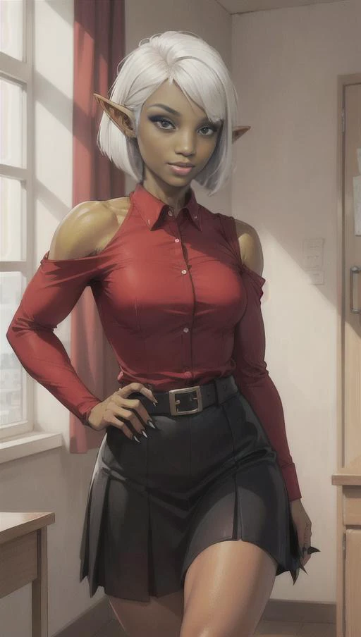 (Asian-Less, Asian-Less-Toon)
(red shirt:1.3), (black skirt:1.3), (collared shirt:1.3), eyelashes, face, lips, looking at viewer, nose, teeth, realistic, solo,
(school uniform, red shirt, red blouse, black skirt),
(dorm room, college)
(elf, (elf ears:1), (muscular female:1), waif, petite, (medium breasts:1), claws, fangs, tusks, slit pupils, orc woman,,
((white hair:1), strait hair, shoulder length bob cut, black eyes, white eye makeup, dark skin)
confident, proud