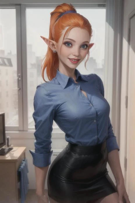 (blue shirt:1.3), (black skirt:1.3), (school uniform, blue shirt, pink blouse, black skirt, milf), (collared shirt:1.3),
Asian-Less, Asian-Less-Toon,
eyelashes, face, lips, looking at viewer, nose, teeth, realistic, solo,
(elf, elf ears, thin body, thin neck)
(dorm room, college)
(small breasts, flat chest )
(orange hair, dark blue eyes, Purple eye makeup, strait hair, hair pulled back, low ponytail )
flirty expression, smile, happy, confused,