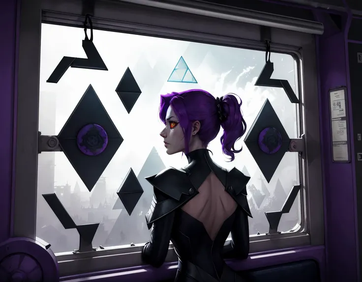 three cornered window, back of head shot of (woman looking out of triangle window:1.1), 3rd person, Looking out the triangular window of a (train:1.1) with triangular windows, triangular windows and triangular, wheels,  in a fantasy world, 
psychedelic, geometric, vivid light, high contrast, triadic colors, dark shadows,  explosions, nuclear mushroom cloud, nuclear explosion, dystopian nightmare, 
(beautiful composition),
21 yo woman,
