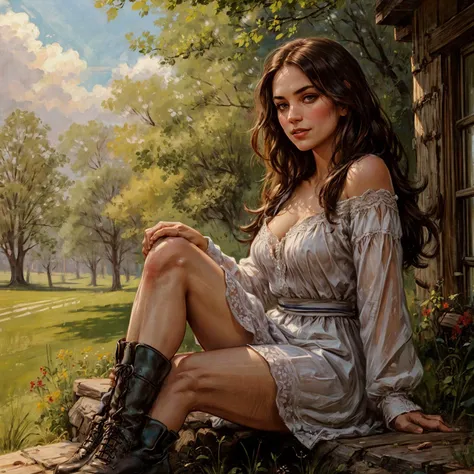 Amidst the serene backdrop of the American South, envision a resolute Southern homesteader [leaning] against. She possesses a [tall] and [slim] stature, characterized by a [youthful and beautiful figure] with [delicate curves], [narrow waist], [graceful hips], and [smooth, unblemished skin]. Her [youthful, perky breasts] and [slim, toned physique] accentuate her [elegant form] and [sleek legs].
Her face with delicate downturned lips and gentle warm smile, face framed by [hair], radiates a captivating beauty. Her detailed hi-res [brown] upturned eyes with warm gaze and [black eyeliner]. Her [rich chestnut hair] falls in [tousled waves], adding to her youthful charm.
She wears a simple yet sturdy summer airy translucent [homespun dress] clinging tightly to her body with cleavage and naked shoulders, faded from countless hours of labor, yet it cannot conceal her [youthful allure] and dusty boots bear witness to her tireless toil on the land.
Around her, the homestead tells its own story, with a [weathered farmhouse] that has sheltered generations and [rolling fields] that have provided sustenance for her family. The air is filled with the scent of [sun-baked earth], and the songs of birds in the trees remind her of the peaceful world outside.
In this idyllic era, she embodies the strength and determination of those who nurtured the land, a testament to the enduring spirit of the South.
This is a glimpse into the life of a Southern homesteader during a time of peace in the American South, where the bonds of family and the land run deep.  <lora:add_detail:0.5>  <lora:bichu-v0612:0.5>   <lora:sxz-slavic-fantasy:0.5> <lora:hairdetailer:0.5>