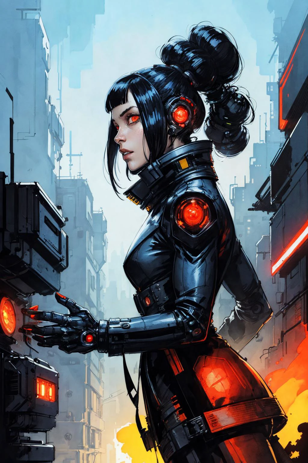 1 cyborg, girl, glowing eyes, coat, turtle neck, solo, cyberpunk,
(color ink sketch Jason Edmiston , John Berkey )