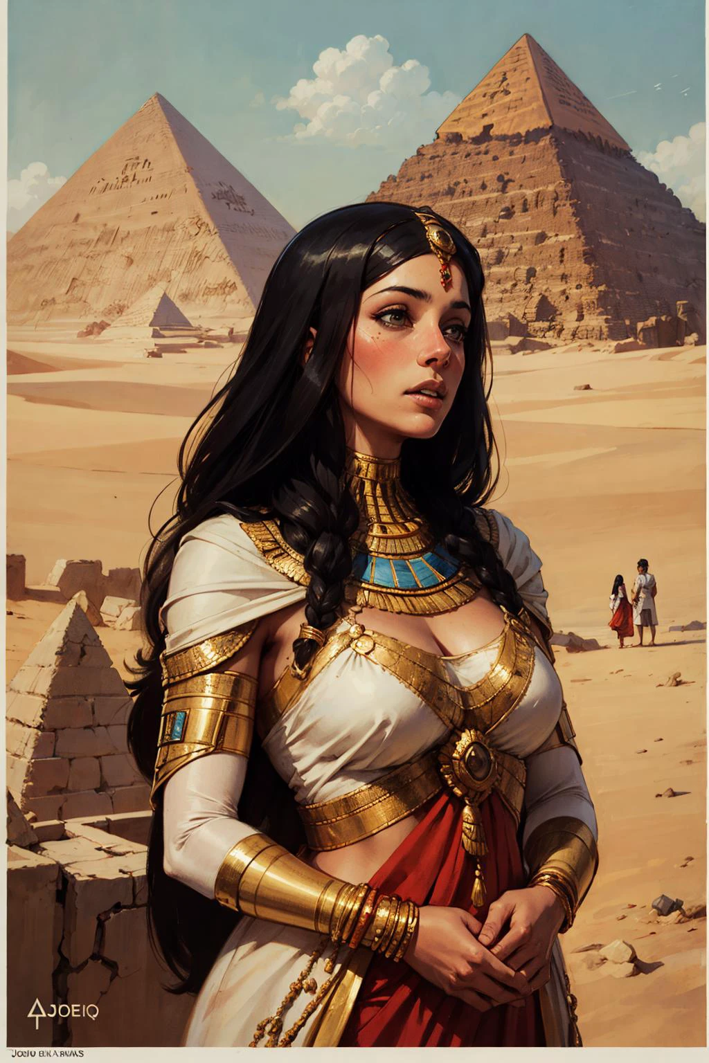 1 Egyptian girl, queen, long hair, pyramid, mummy,
( by Joao Ruas , Andre Kohn )