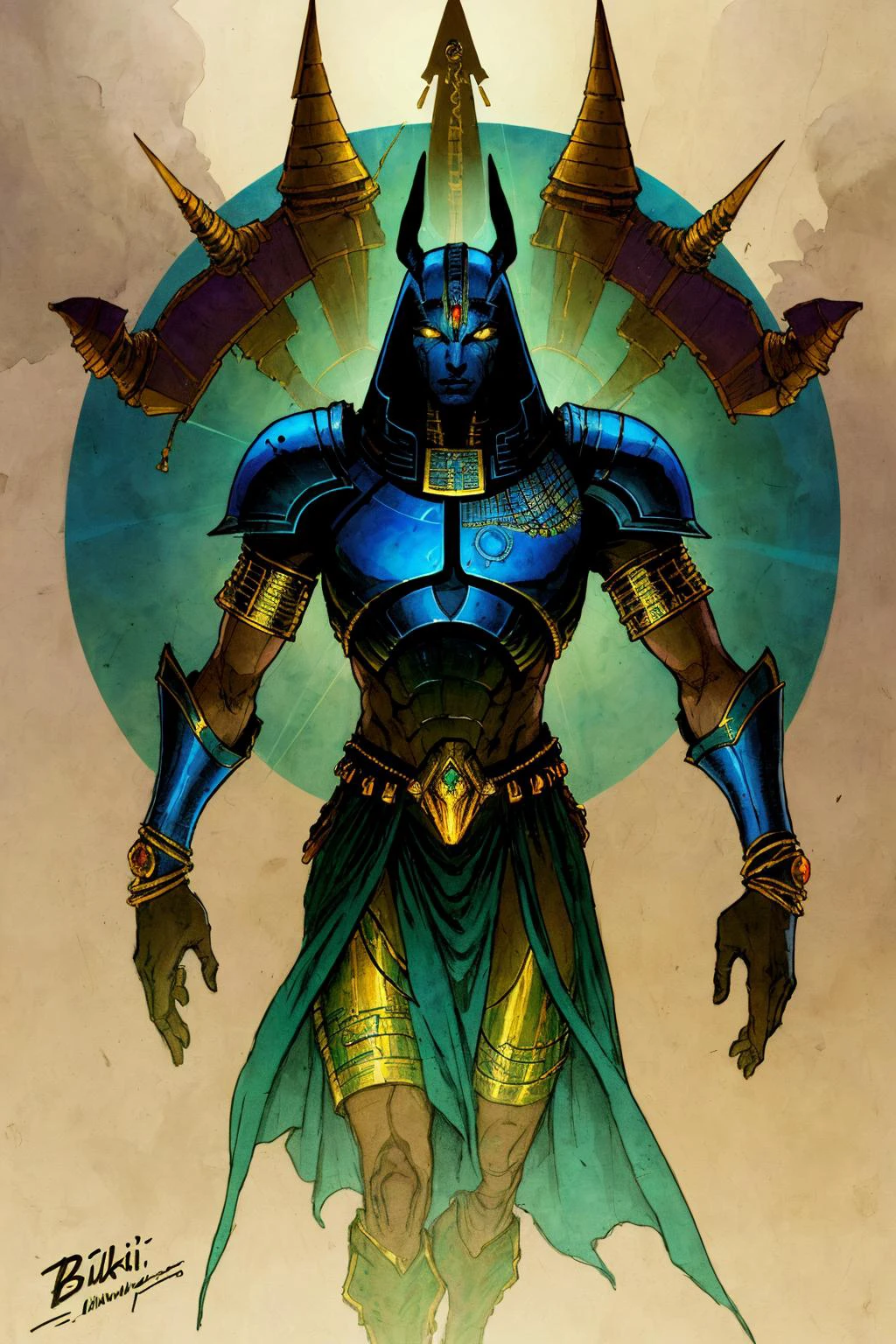 anubis, the god of funerary rites, protector of graves, and guide to the underworld
science fiction, complex background futuristic Egypt , spaceship , stargate
dark, dim light
( ink sketch by Enki Bilal)((masterpiece, best quality, )),