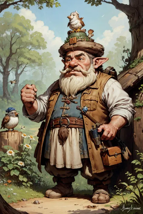 (( 1   dwarf,    big head, big nose,)) hat, toolbox, fantasy, forest , birds, cute
 (digital painting  by Jean-Baptiste Monge and Andre Kohn)