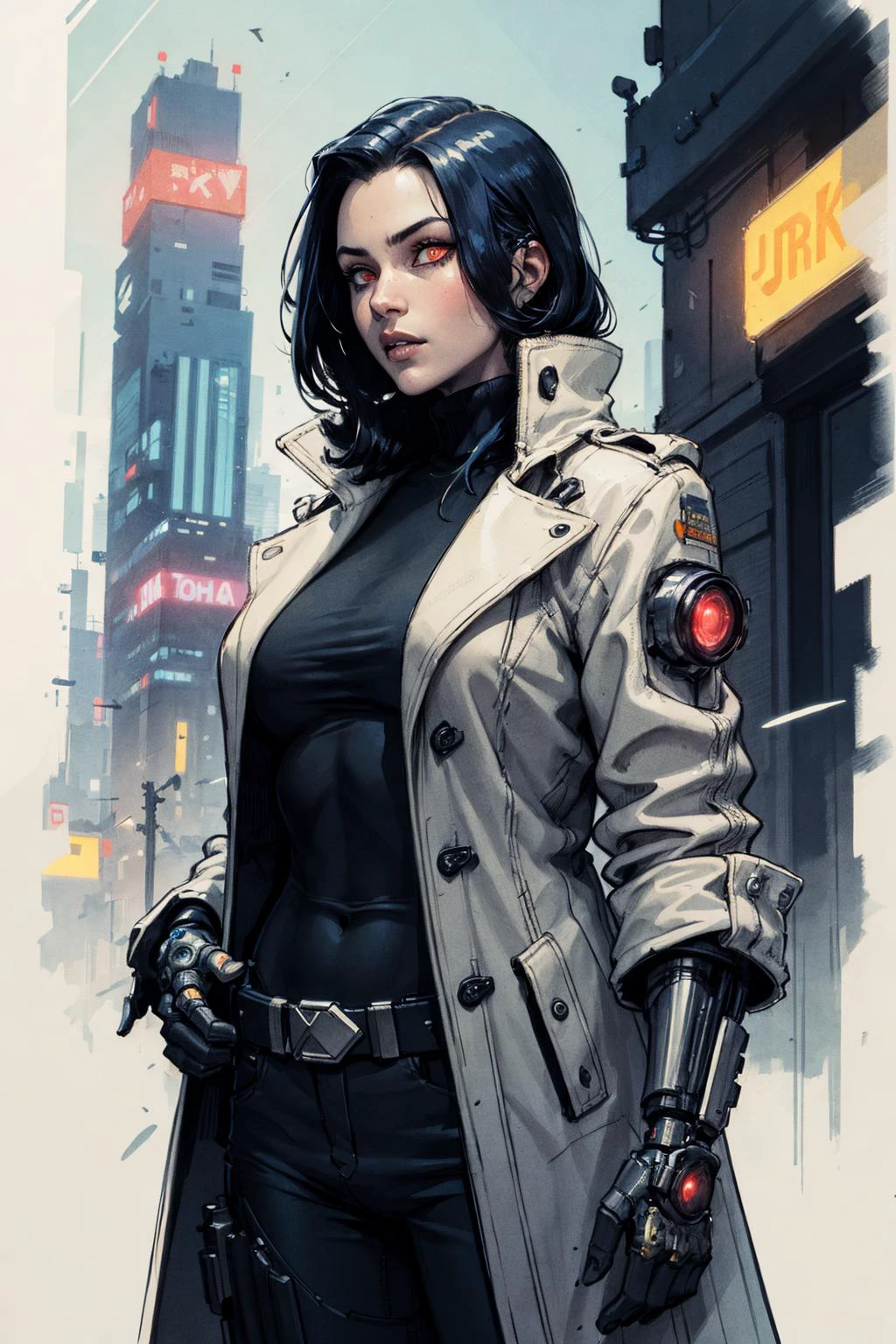 1 cyborg, girl, glowing eyes, coat, turtle neck, solo, cyberpunk,
(color ink sketch John Berkey )