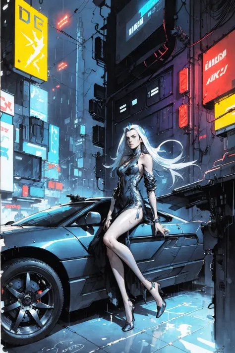 1girl, sad, , silver dress, raining, cyberpunk, neon light, flying cars
(color ink sketch Jason Edmiston , John Berkey )