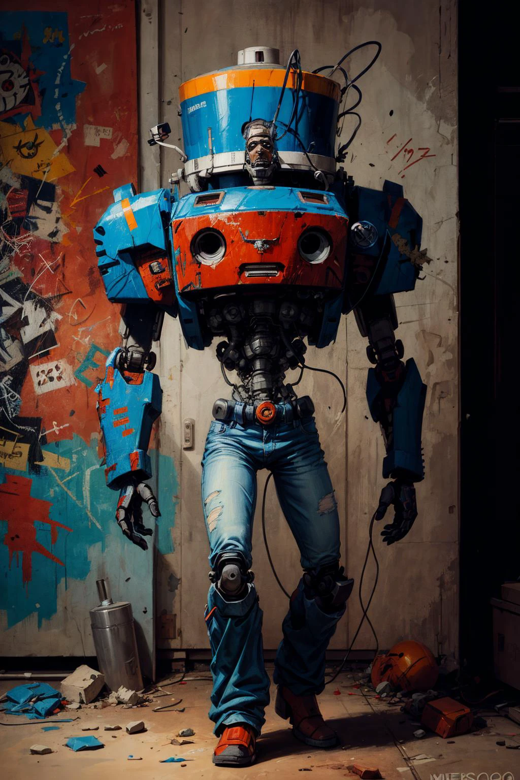 1 robot, mecha, solo
dark room, dim light
(digital painting Jean-Michel Basquiat)
<lora:add_detail:1> <lora:epiNoiseoffset_v2:1>