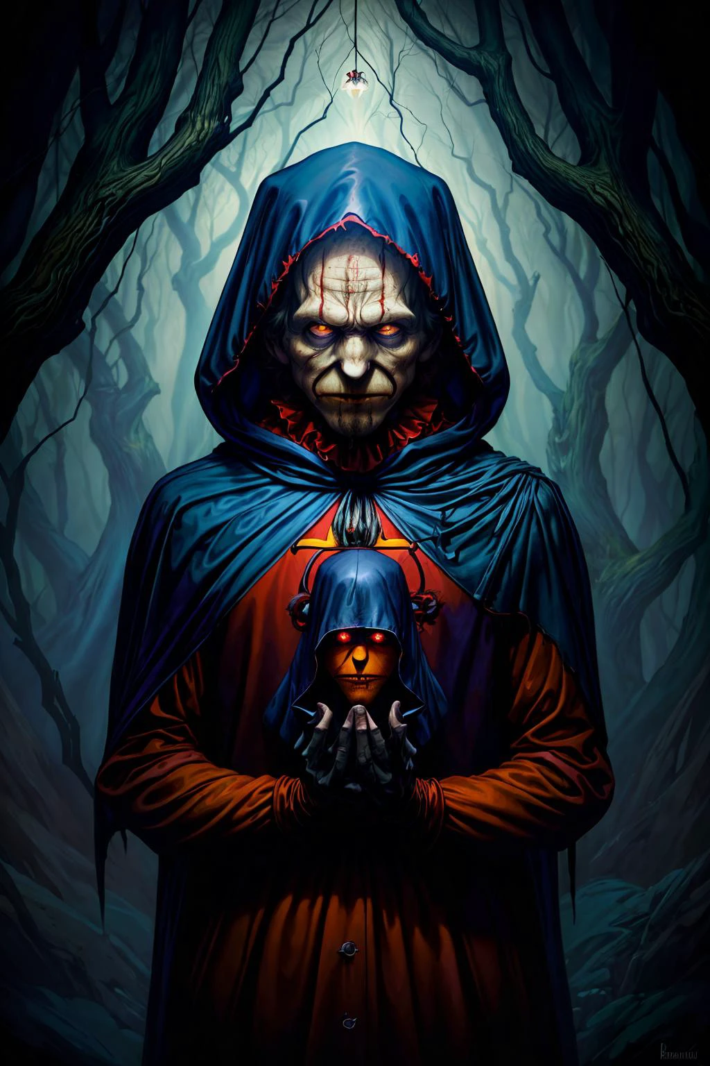 1 man, cloak, hood
dark cave, dim light
glowing eyes,
muted color
(Ronald McDonald, monk goth, Brooke Shaden,)
(masterpiece, best quality:1.3),
<lora:add_detail:1> <lora:epiNoiseoffset_v2:1>