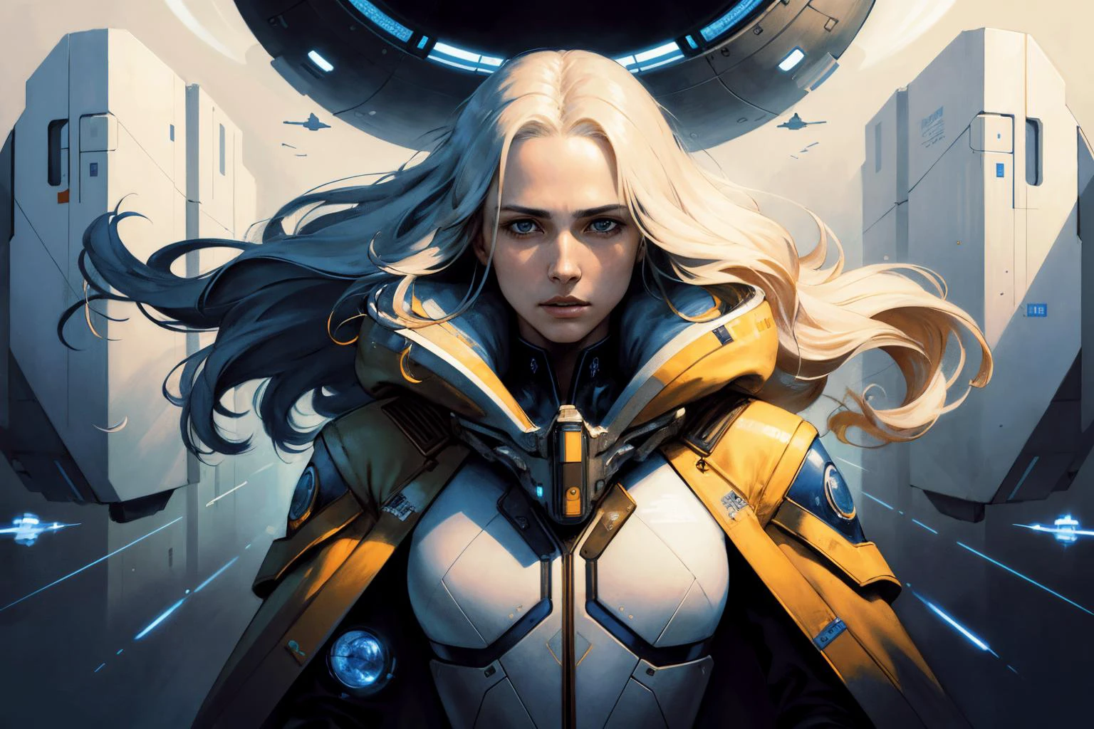 1 woman, long hair, futuristic , coat ( upper body portrait by Alan Lee, Brad Kunkle)
spaceship, crews
high contrast negative space
(best quality, masterpiece),