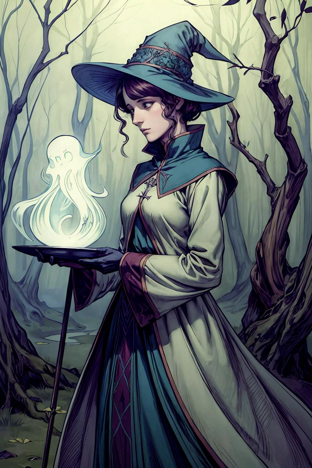 1 female hat, coat, staff forest , fairy tale, ghost, graves , swarm
( Edmund Dulac) (muted color)
high contrast, flat color, negative space
(masterpiece, best quality, beautiful and aesthetic:1.2) <lora:add_detail:1>