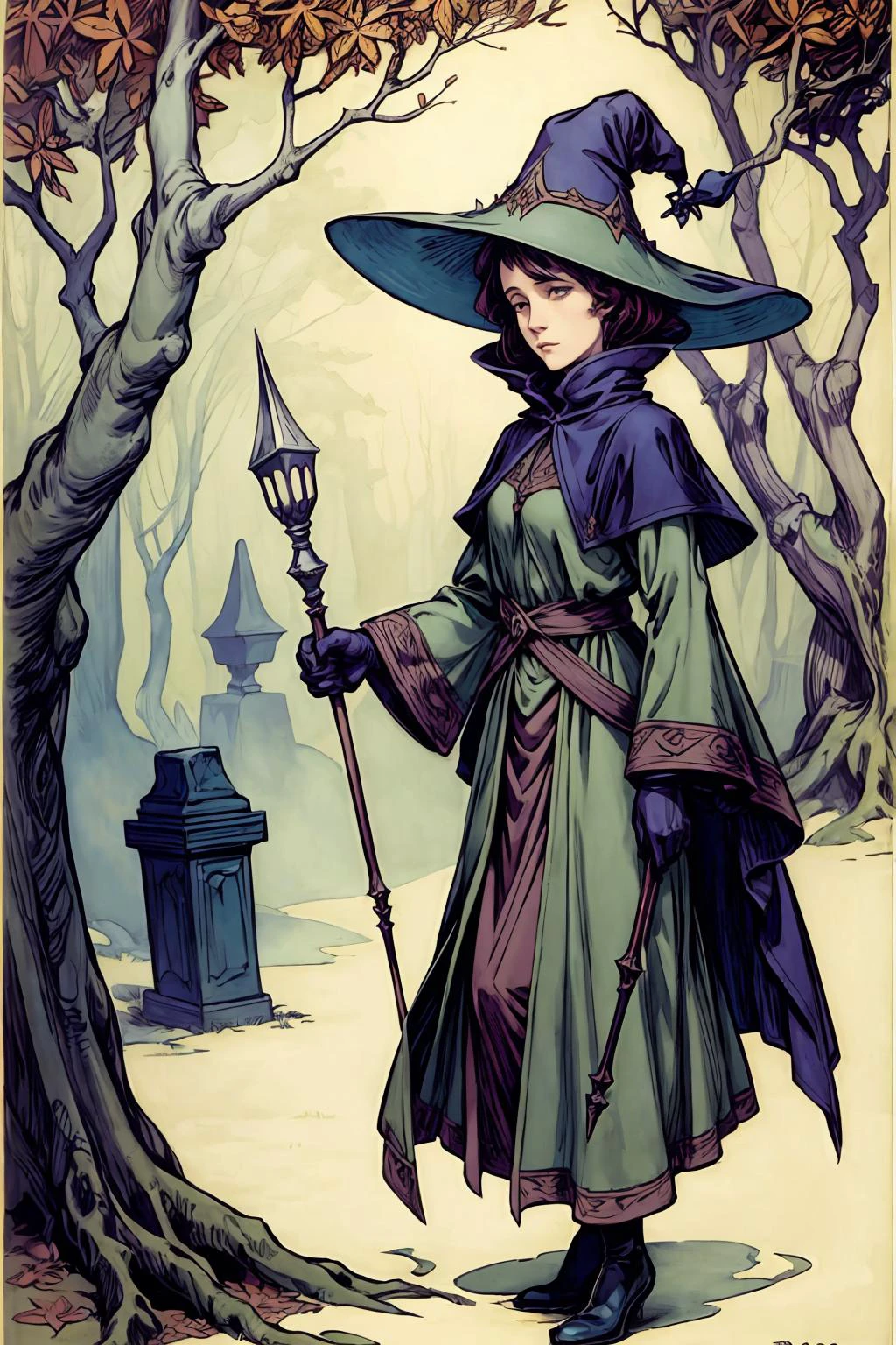 1 female hat, coat, staff forest , fairy tale, ghost, graves , swarm
( Edmund Dulac) (muted color)
high contrast, flat color, negative space
(masterpiece, best quality, beautiful and aesthetic:1.2) <lora:add_detail:1>