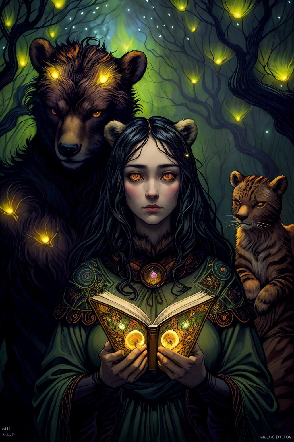 1 woman , druid , glowing eyes, deers, cats, bears
dramatic lighting, fireflies
Andy Kehoe , William Morris
(masterpiece) (best quality) (dramatic lighting ) <lora:add_detail:1>