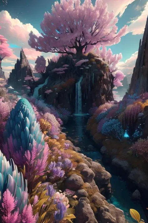 (low contrast ), colorfantasystyle <lora:color_model:0.75> masterpiece, best quality, high quality, extremely detailed CG unity 8k wallpaper, scenery, outdoors, sky, cloud, day, no humans, mountain, landscape, water, tree, blue sky, waterfall, cliff, nature, lake, river, cloudy sky,award winning photography, Bokeh, Depth of Field, HDR, bloom, Chromatic Aberration ,Photorealistic,extremely detailed, trending on artstation, trending on CGsociety, Intricate, High Detail, dramatic, art by midjourney