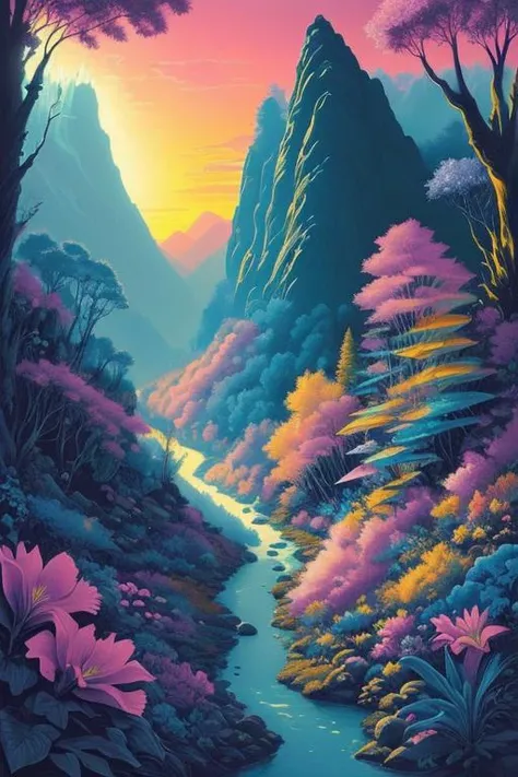 (low contrast ), colorfantasystyle <lora:color_model:0.5> mountain valley, tropical forest, river, flowers, sunset, soft beams of light, soft shadows,