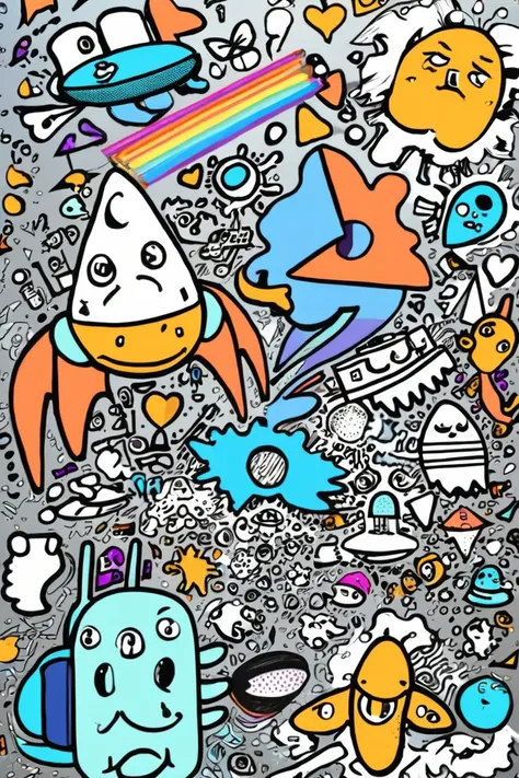 a spaceship, surrounded by many different doodles, doodle art style <lora:Doodle_XL_V1:1>