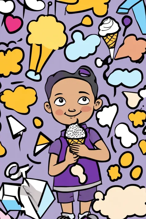 closeup portrait of a child holding an ice cream, surrounded by shapes, doodle art style <lora:Doodle_XL_V1:1>