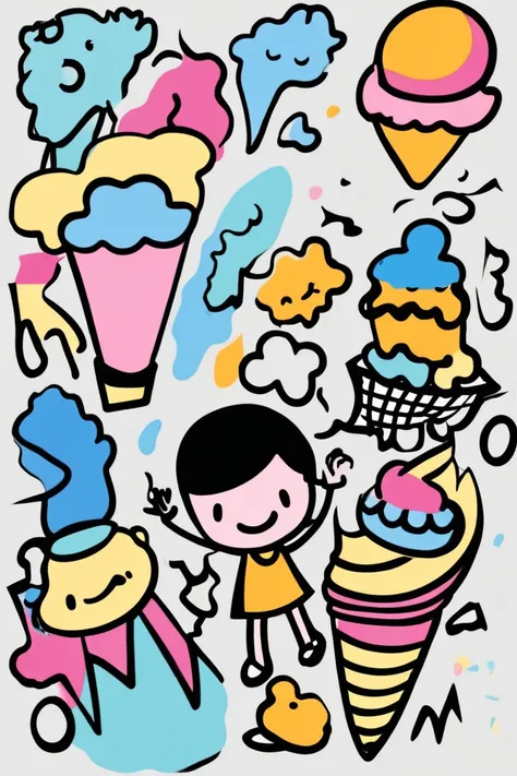 illustration of a child holding an ice cream, surrounded by shapes, doodle art style <lora:Doodle_XL_V1:1>