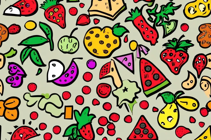 a pizza made of different fruit doodle shapes, doodle art style <lora:Doodle_XL_V1:1>