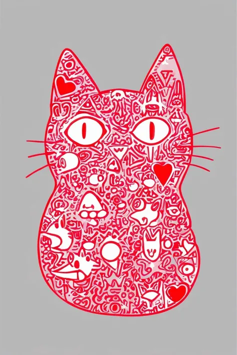 a shape of a cat in red, surrounded by different shapes, doodle art style <lora:Doodle_XL_V1:1>
