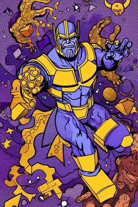 heroic pose outline of Thanos, surrounded by many shapes, colorful doodle art style <lora:Doodle_XL_V1:1>
