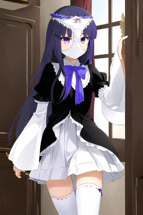masterpiece, best quality, ultra-detailed, panty mask, 1girl,   frederica bernkastel, purple eyes, purple hair, long hair, purple bow, dress, frills, white kneehighs,  kneehighs bow, mary janes,  wide sleeves