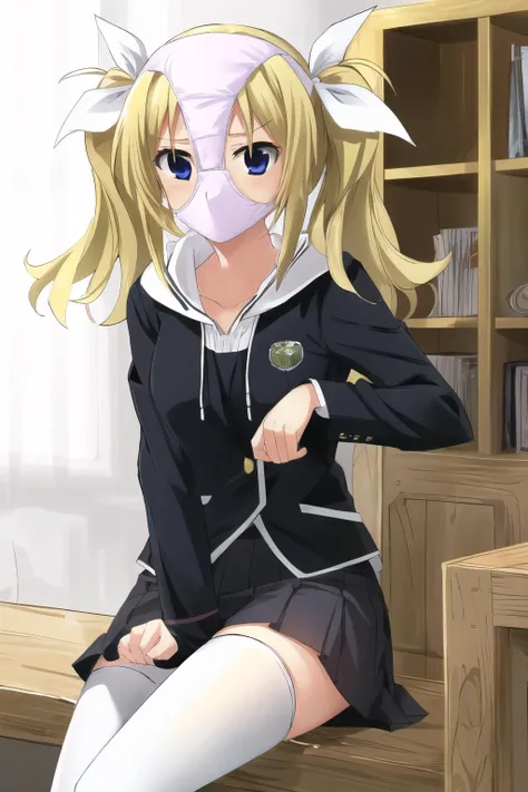 masterpiece, best quality, ultra-detailed, panty mask, 1girl, Arimura, blonde hair, blue eyes, hair ribbon, white ribbon, school uniform, thighhighs, white thighhighs,