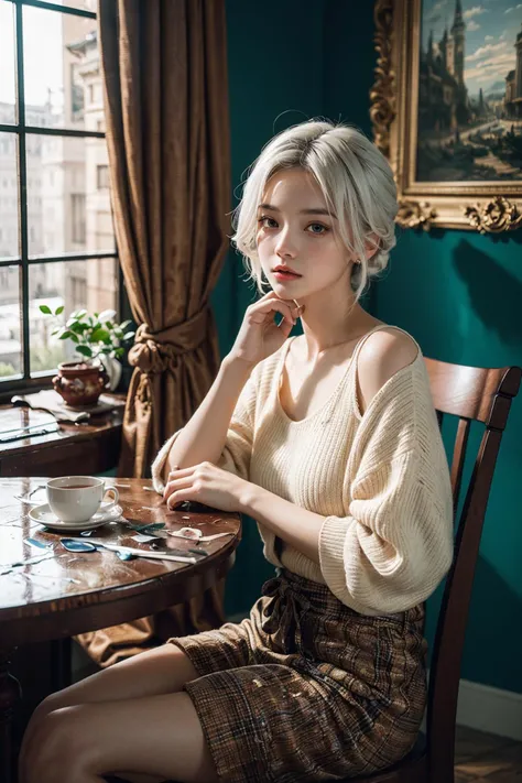 1girl Sitting on a chair,white hair,(masterpiece, top quality, best quality, art, beautiful and aesthetic:1.2), (1girl), extreme detailed,(art:1.3),colorful,highest detailed,
