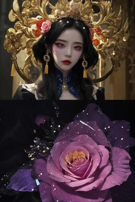 cinematic photo official art,unity 8k wallpaper,ultra detailed,aesthetic,masterpiece,best quality,photorealistic,entangle,purple rose,tangle,entangle,1girl,chinese woman,(full body:1.2),Glowing eyes,tears,Golden eyeshadows,ecstasy of flower,dynamic angle,the most beautiful form of chaos,elegant,a brutalist designed,Gradient colours,romanticism,film,professional,highly detailed,skin detail realistic,Glass fragments,Shimmering Crysta,looking at viewer,<lora:drama_20231201221819-000007:0.7>,applying_makeup,drama,