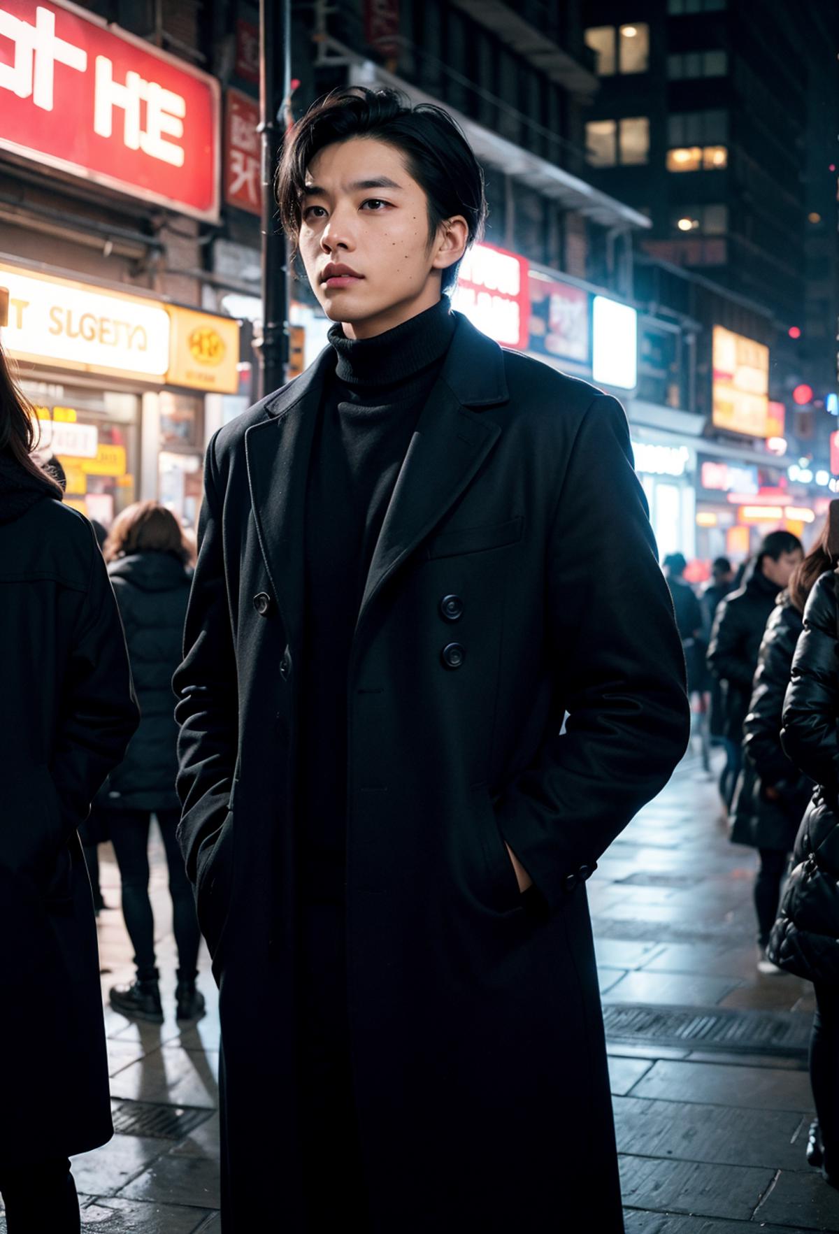 Arafed man in a black coat standing on a city street - SeaArt AI