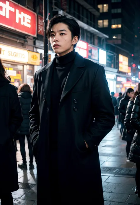 cowboy shot, 1male, handsome, black hair, mole under eye, black long coat, dapper, elegant, ribbed turtleneck, detailed cotton scarf, cold, mist, modern city, outdoor, neon lights, looking away, crowded with shops, crowded with people,, volumetric light, realistic, dark atmosphere, volumetric light, caustics, absurdres, eye focus, contrast, dark scene, bright scene,