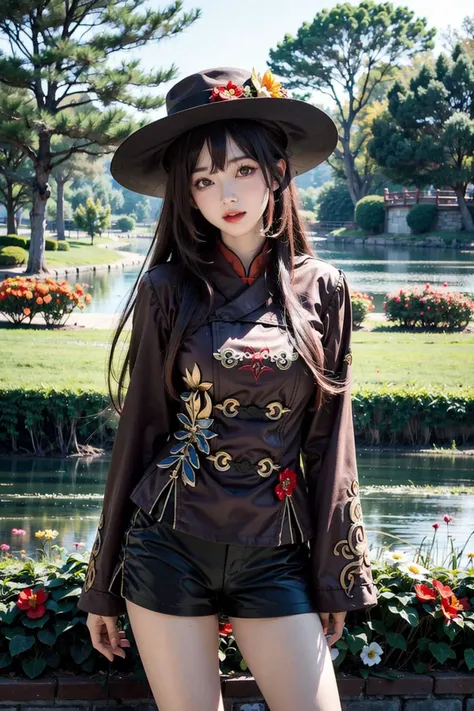 <lora:Hutao:1:DEFACE>, hu_tao, cowboy shot, beautiful girl, hat, hat flowers, brown long sleeves coat, black shorts, standing, long brown hair, outdoors, sunshine, lawn, flowers, sunny, lake, park,