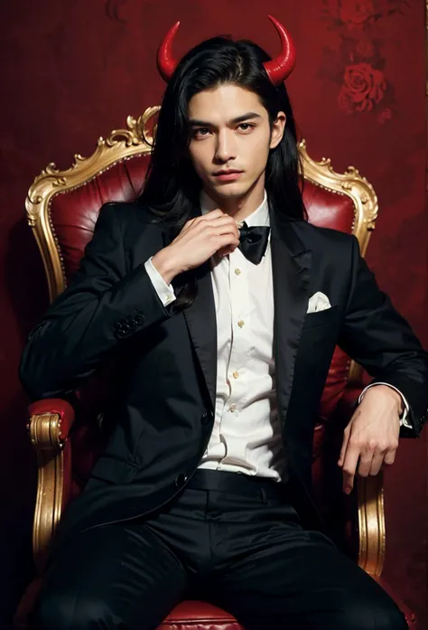(official art, 8k wallpaper, ultra detailed, beautiful and aesthetic, high quality, masterpiece, best quality, 1man, handsome man with black hair, long hair:1, sitting on a chair, smirk, evil stare, elegant pose, demon, black and red suit, black tie, red horns, red blackground, black and red roses in the background,